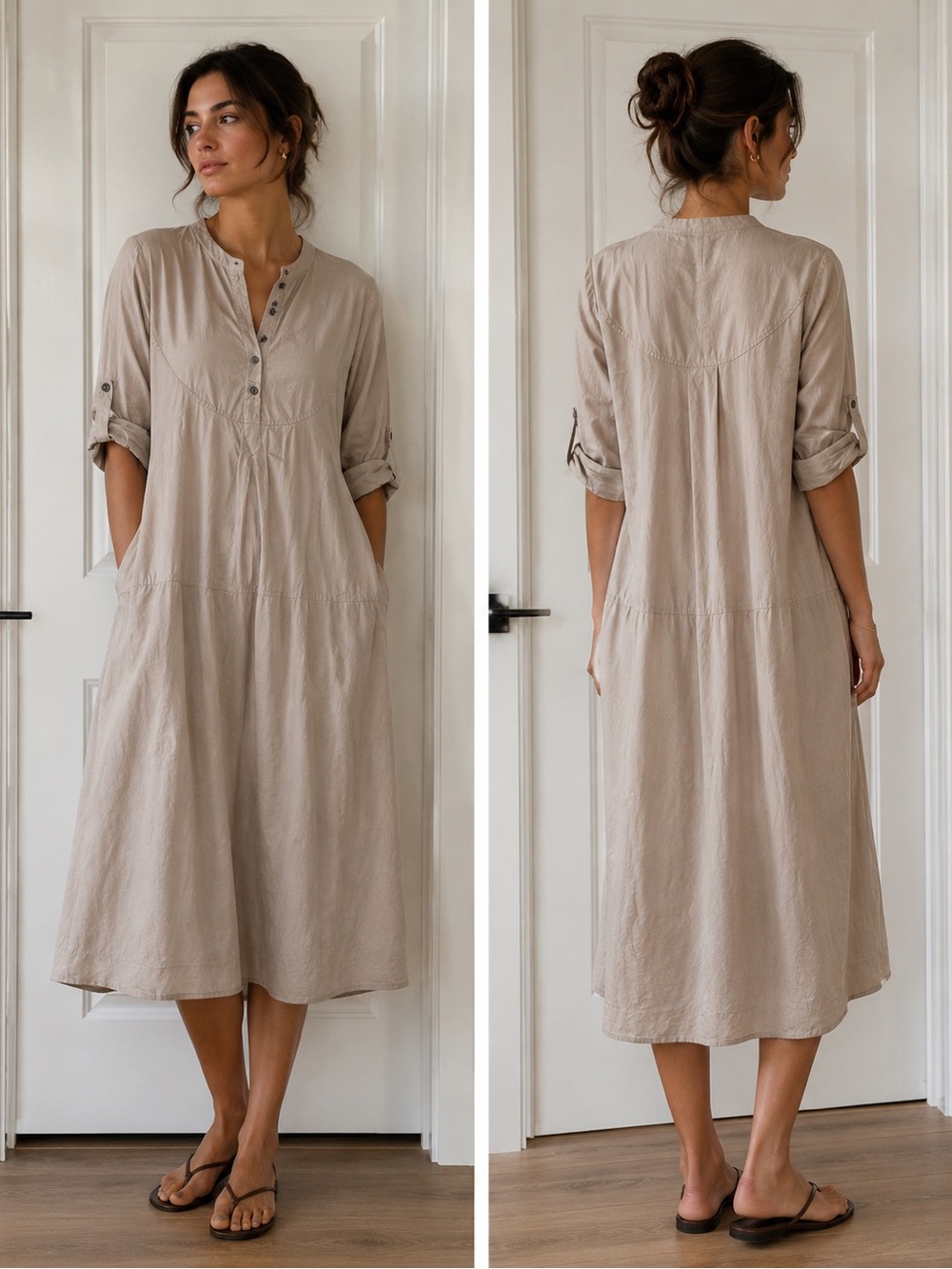 Relaxed Beige Henley Midi Dress